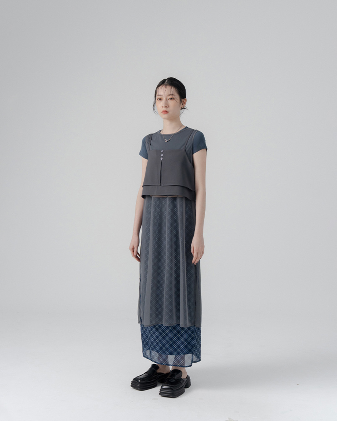 Two-piece long mesh cover-up with suit vest - dark gray【01099589】in stock+pre-order