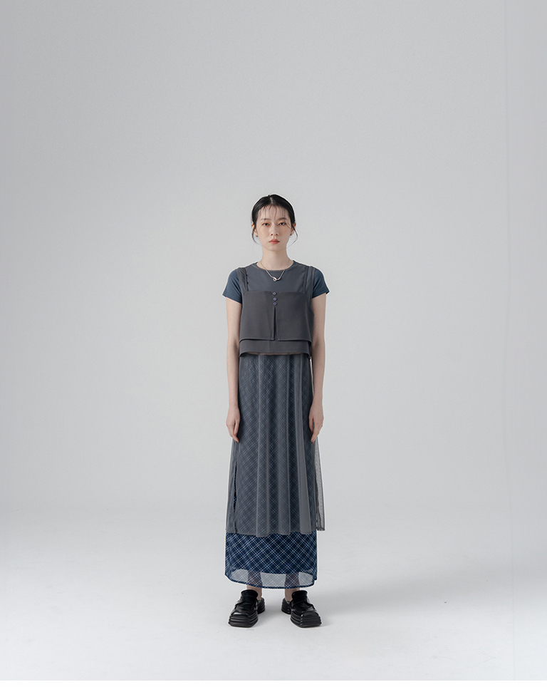 Two-piece long mesh cover-up with suit vest - dark gray【01099589】in stock+pre-order