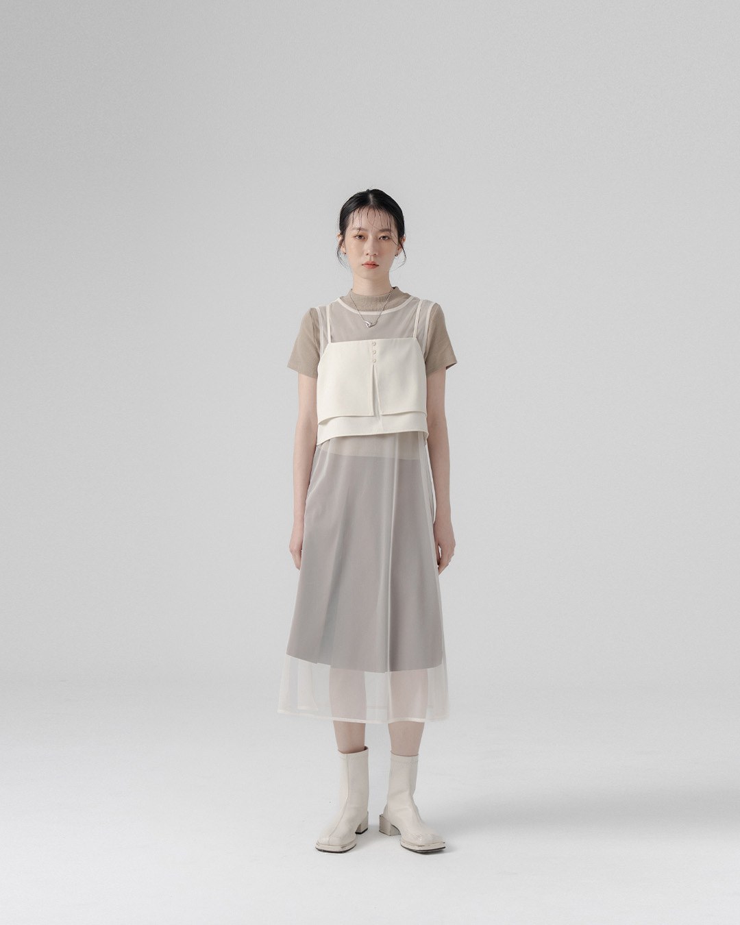 Two-piece long mesh cover-up with a suit vest - beige【01099590】in stock+pre-order