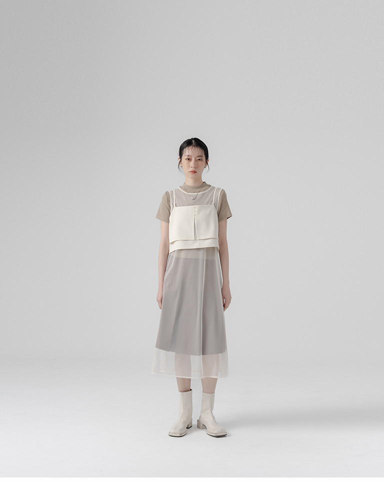 Two-piece long mesh cover-up with a suit vest - beige【01099590】in stock+pre-order