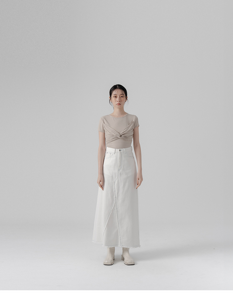 Front knot design short-sleeved fitted top - apricot gray【01099668】in stock+pre-order