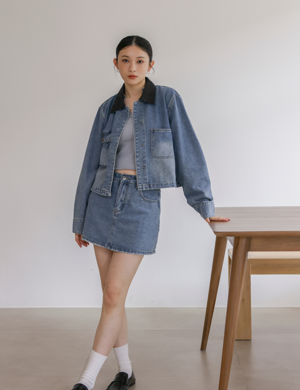 拼色領短版牛仔夾克