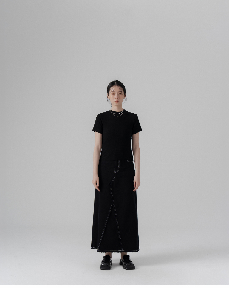 Short-sleeved top with stand-up collar and ribbed trim - Black【01099687】in stock+pre-order