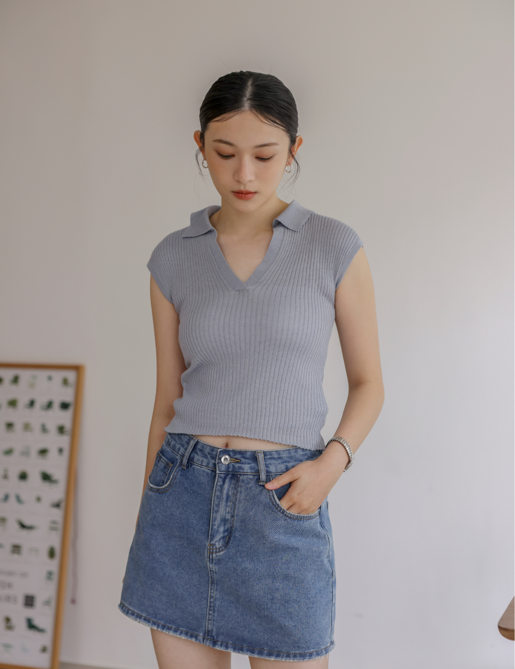 Polo領軟料針織上衣（灰藍色/3尺寸）