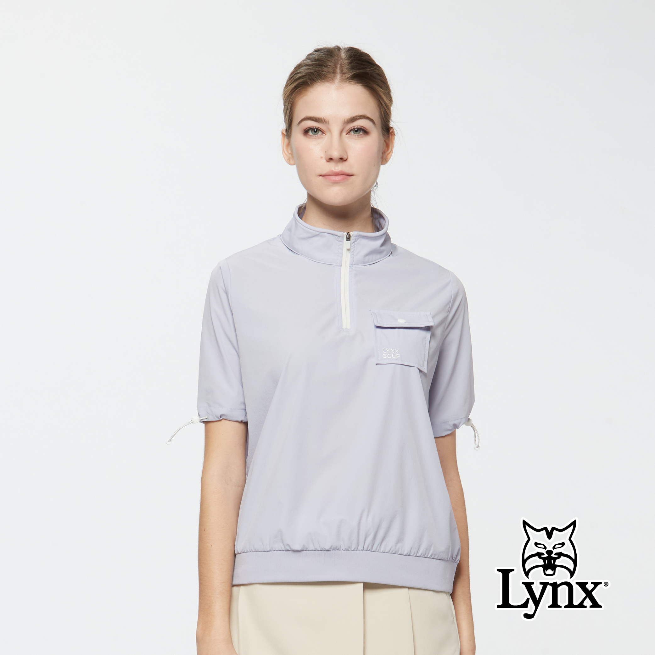 女款吸濕排汗四面彈寬鬆版半開襟短袖上衣