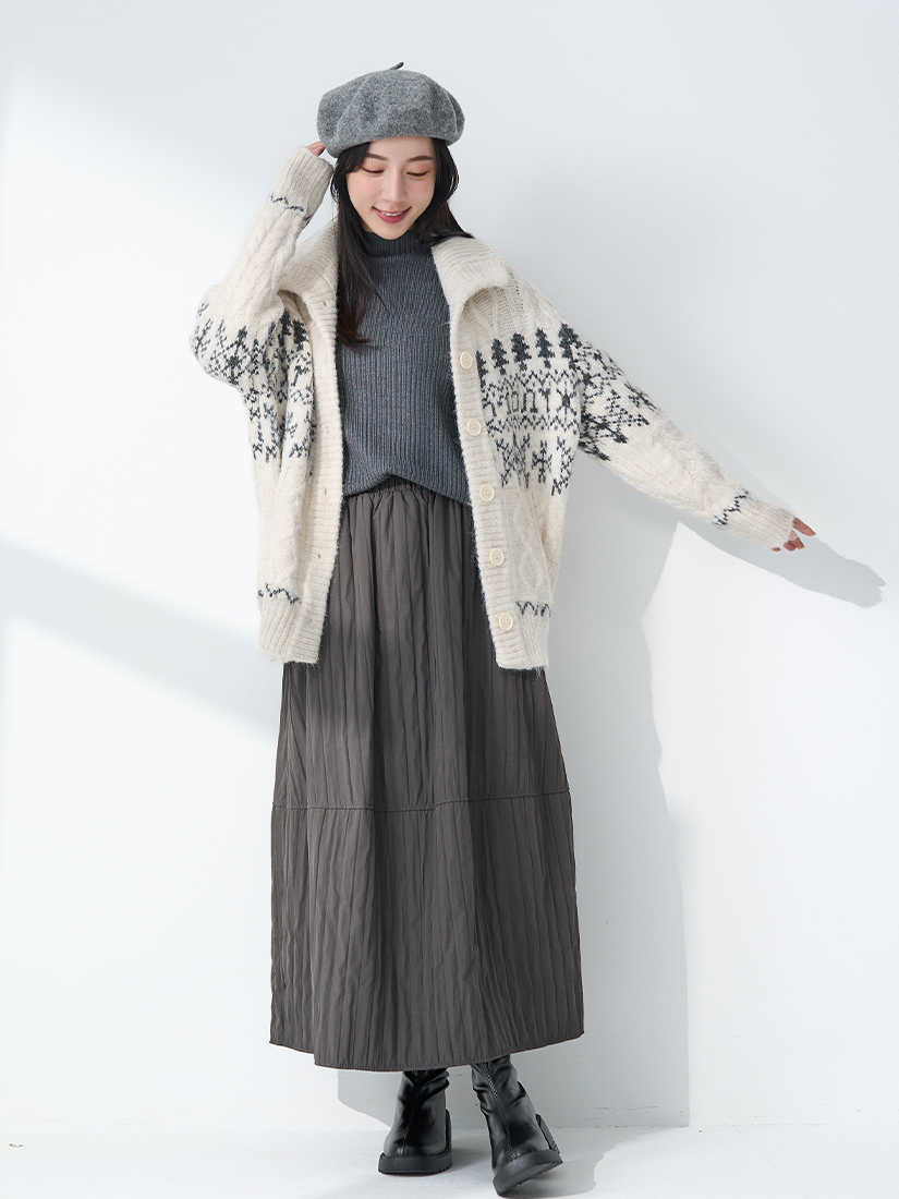 雪花圖騰粗針麻花翻領針織毛衣外套