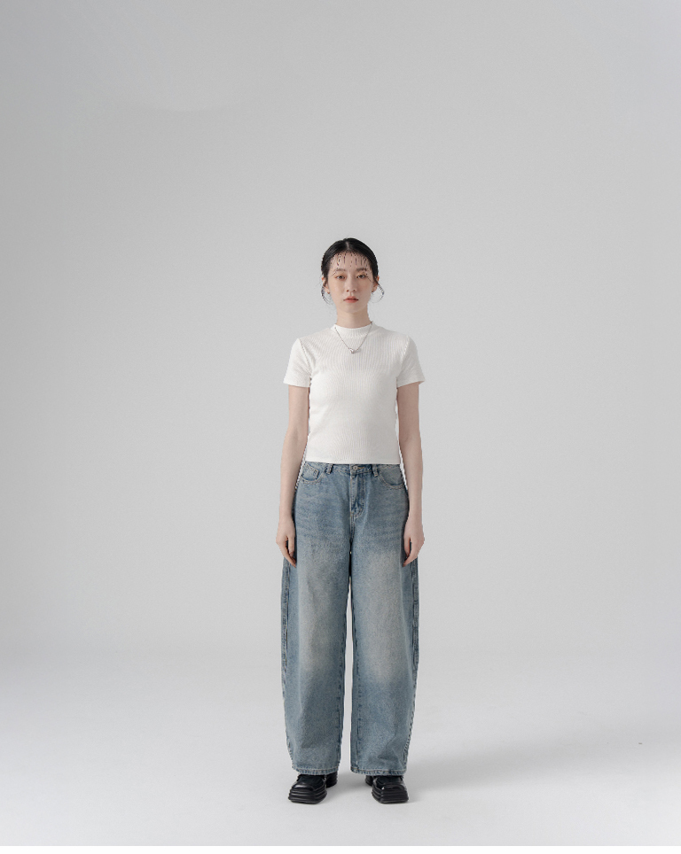 Short-sleeved top with stand-up collar and ribbed trim - White【01099688】in stock+pre-order