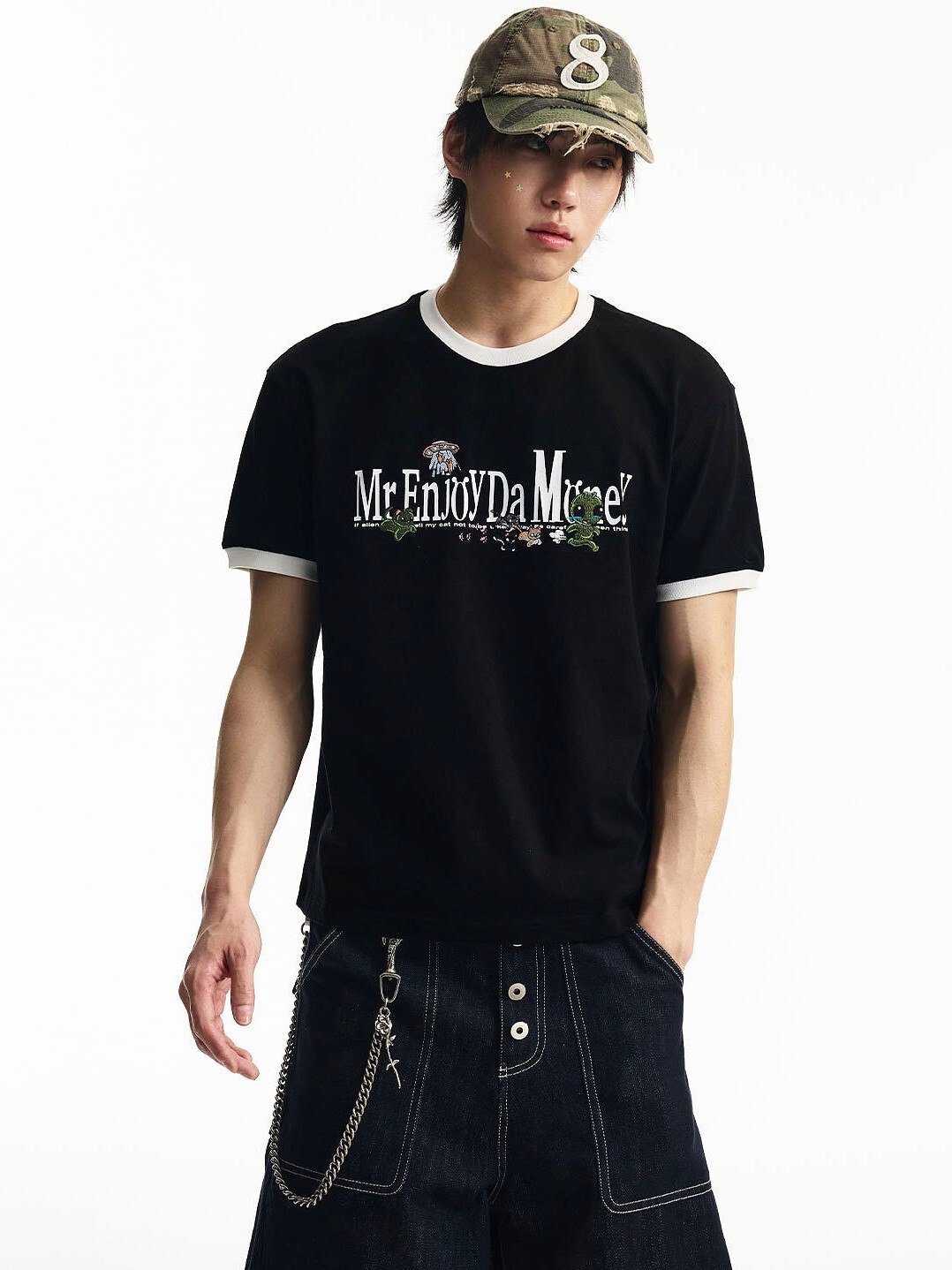 MEDM 外星人貓咪趣味刺繡 袖口拼色 螺旋短袖T