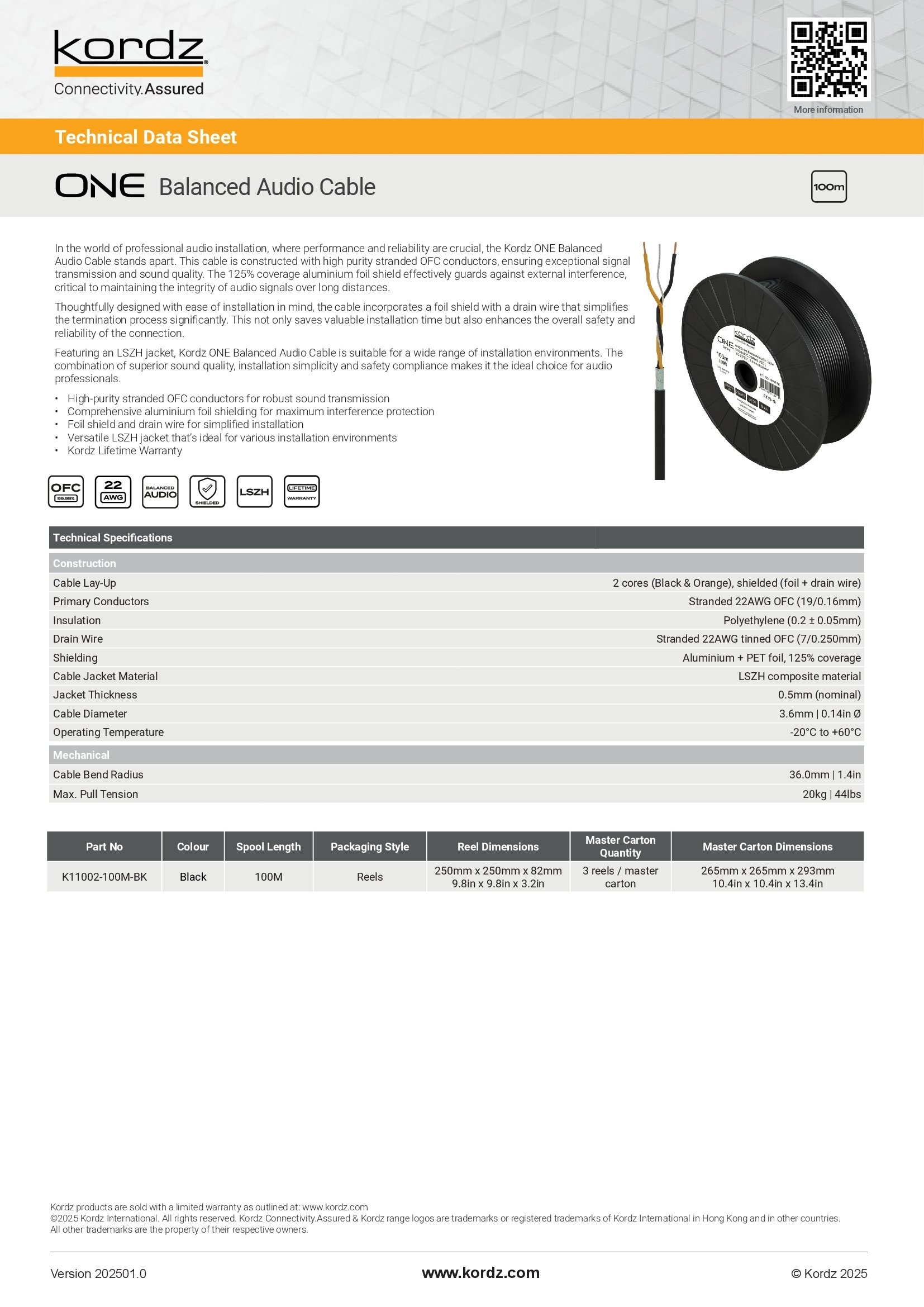 Kordz ONE Balanced Audio Cable 平衡音頻線 Data Sheet