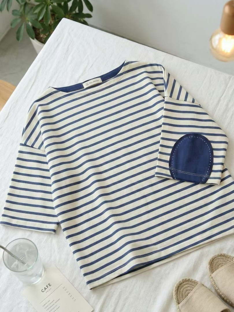 給妳好氣色法式休閒寬版橫條上衣