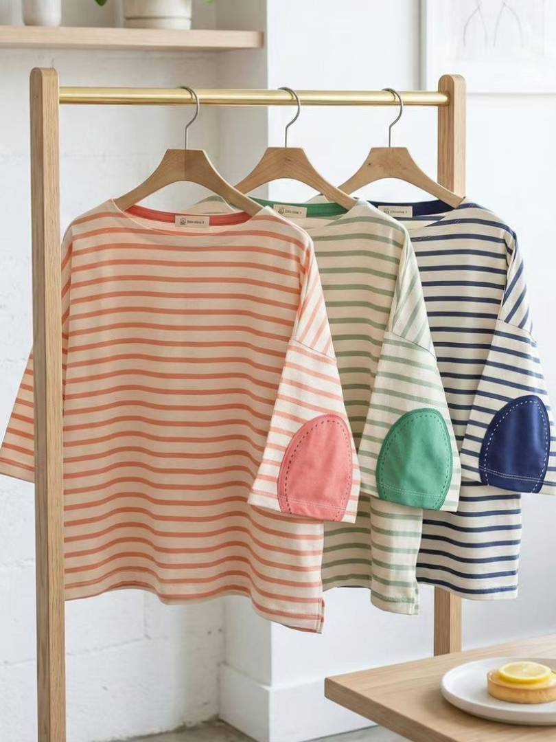 給妳好氣色法式休閒寬版橫條上衣