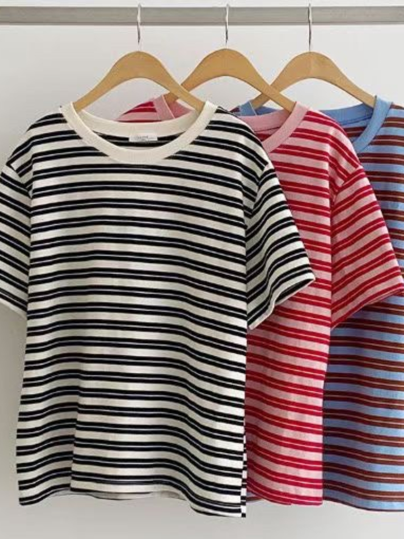 清爽撞色經典條紋棉T