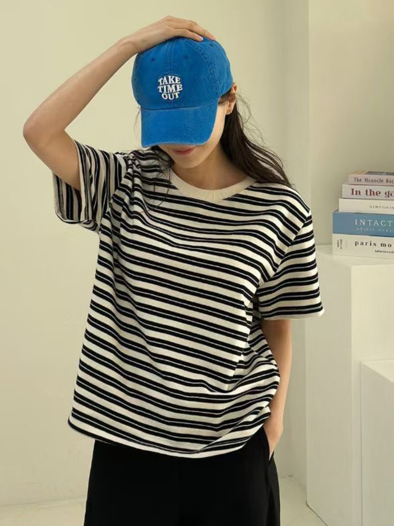 清爽撞色經典條紋棉T