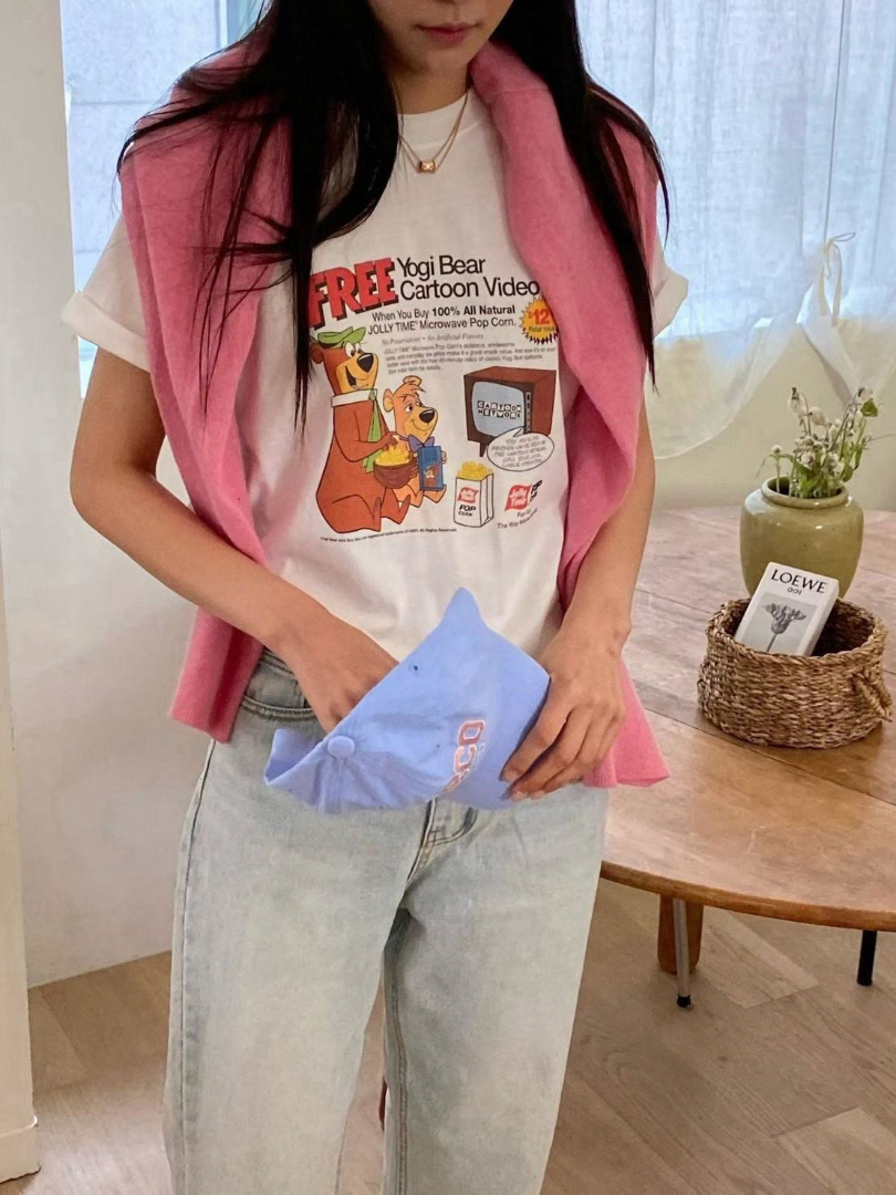 美式復古卡通印花棉T｜休閒百搭短袖上衣