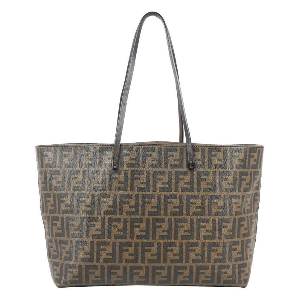 【Fendi】FF Logo 滿版塗層帆布拉鍊托特包(棕色)