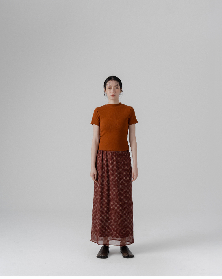 Short-sleeved top with stand-up collar and ribbed trim - Orange【01099691】in stock+pre-order