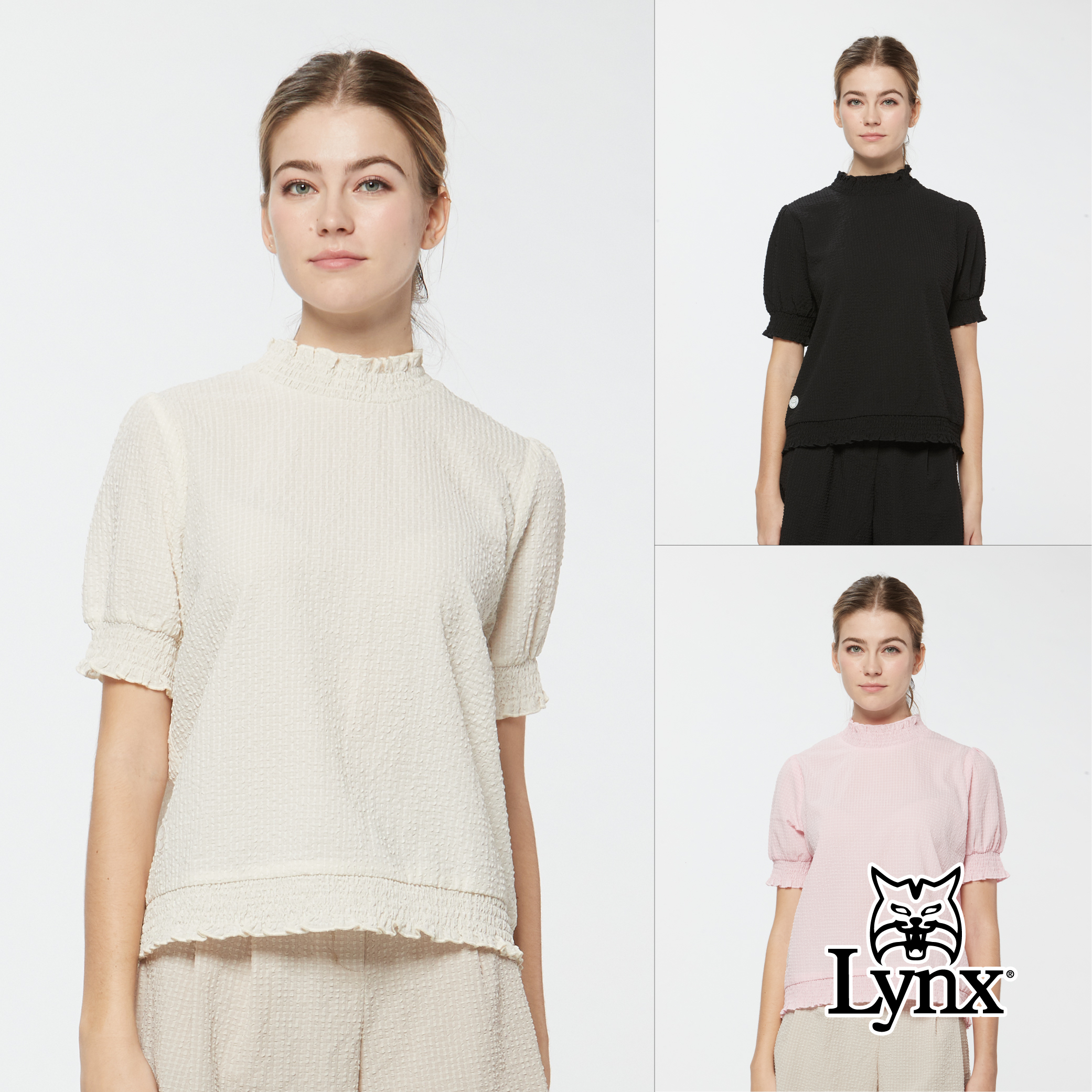 女款吸濕排汗泡泡紗面料寬鬆版立領短袖上衣