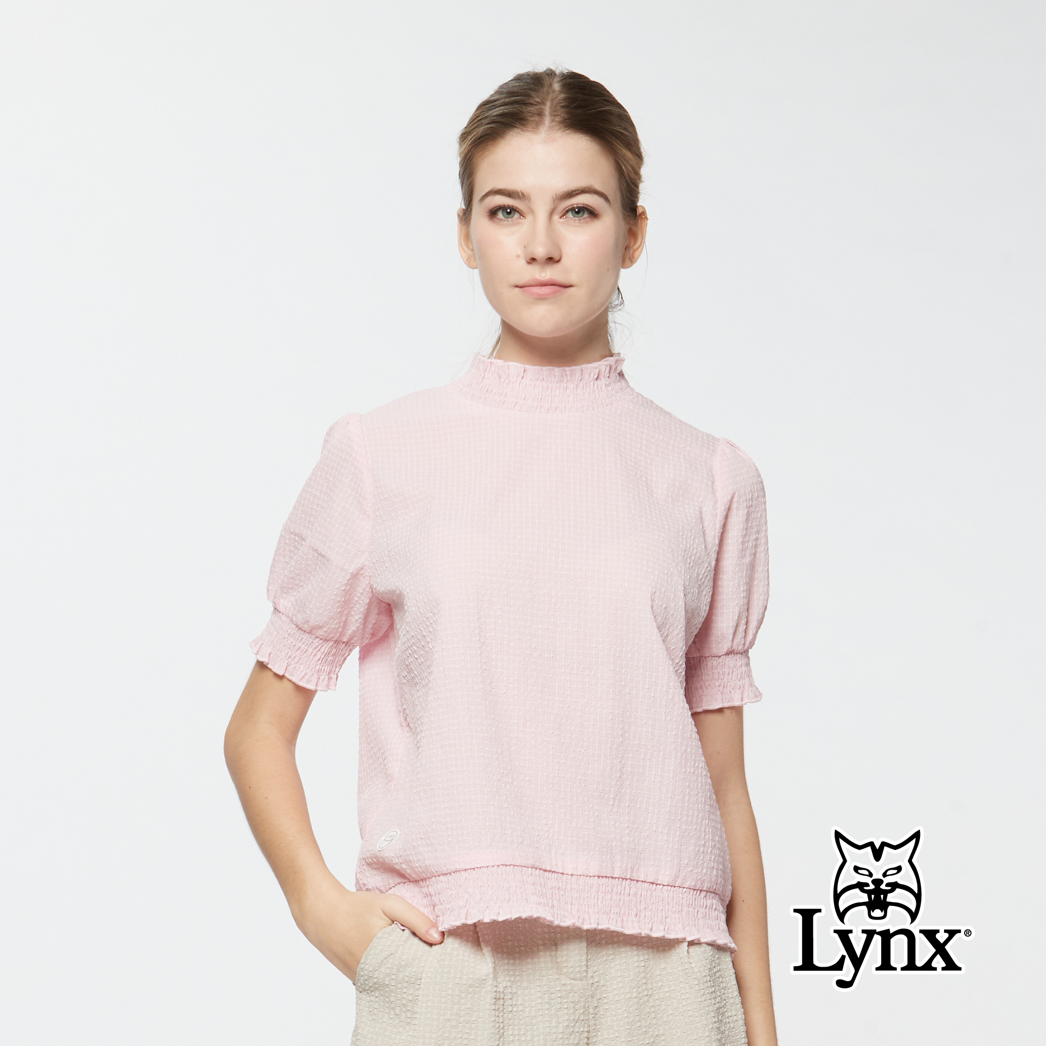 女款吸濕排汗泡泡紗面料寬鬆版立領短袖上衣