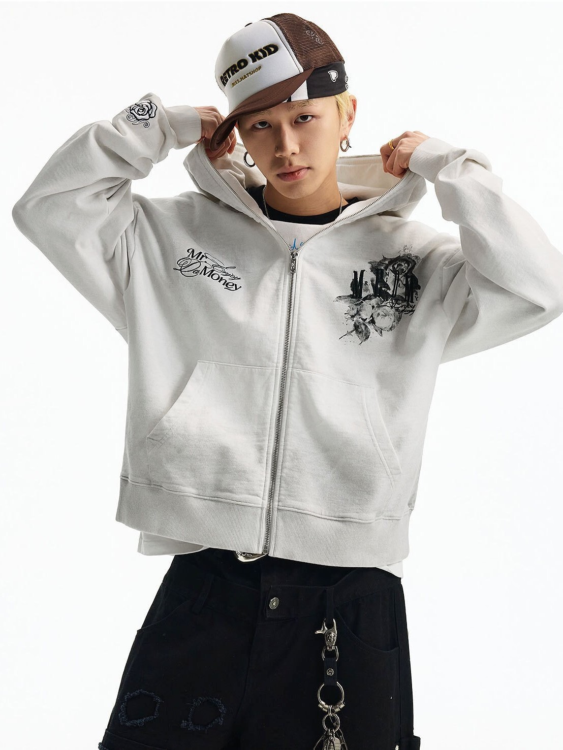 MEDM 水洗玫瑰 做舊印花 袖口立體繡花 寬鬆休閒 連帽外套