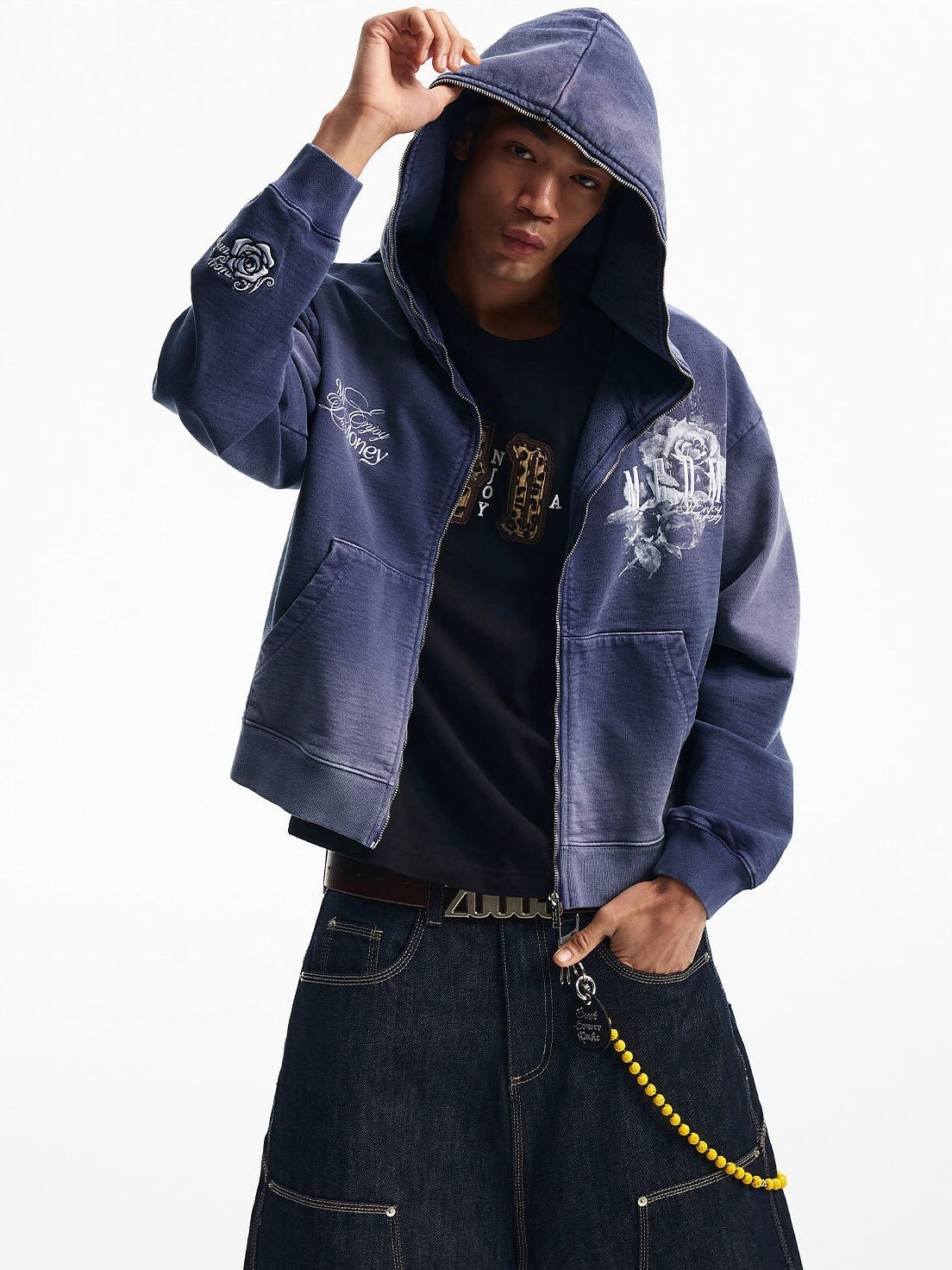 MEDM 水洗玫瑰 做舊印花 袖口立體繡花 寬鬆休閒 連帽外套