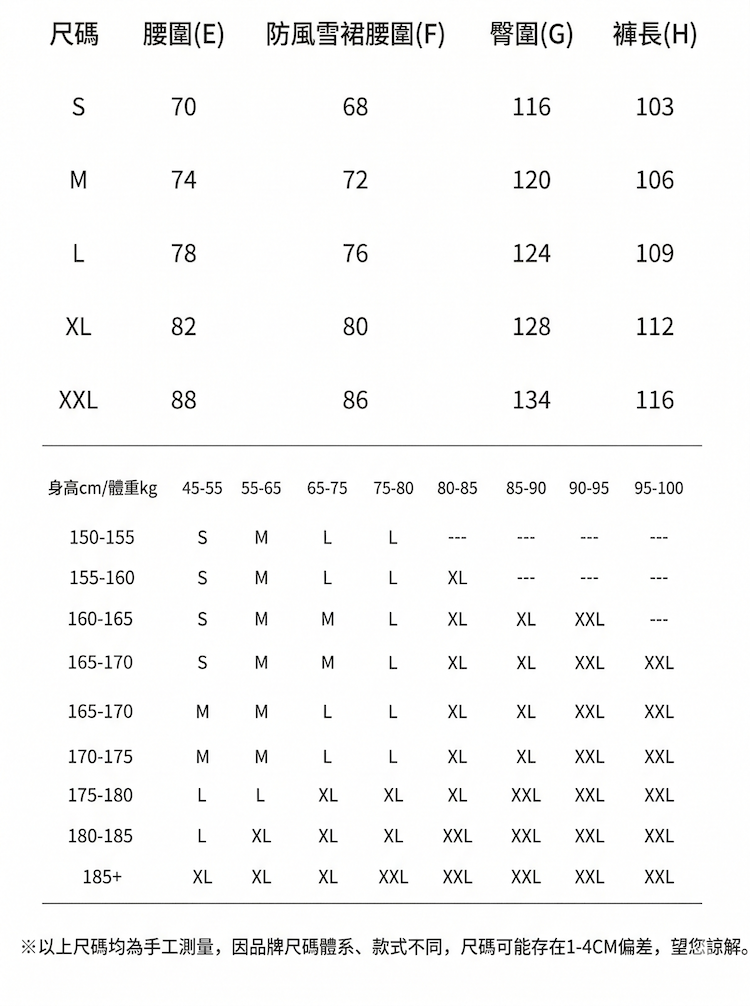 【TAOTECH】2L套頭滑雪衣_尺寸參考
