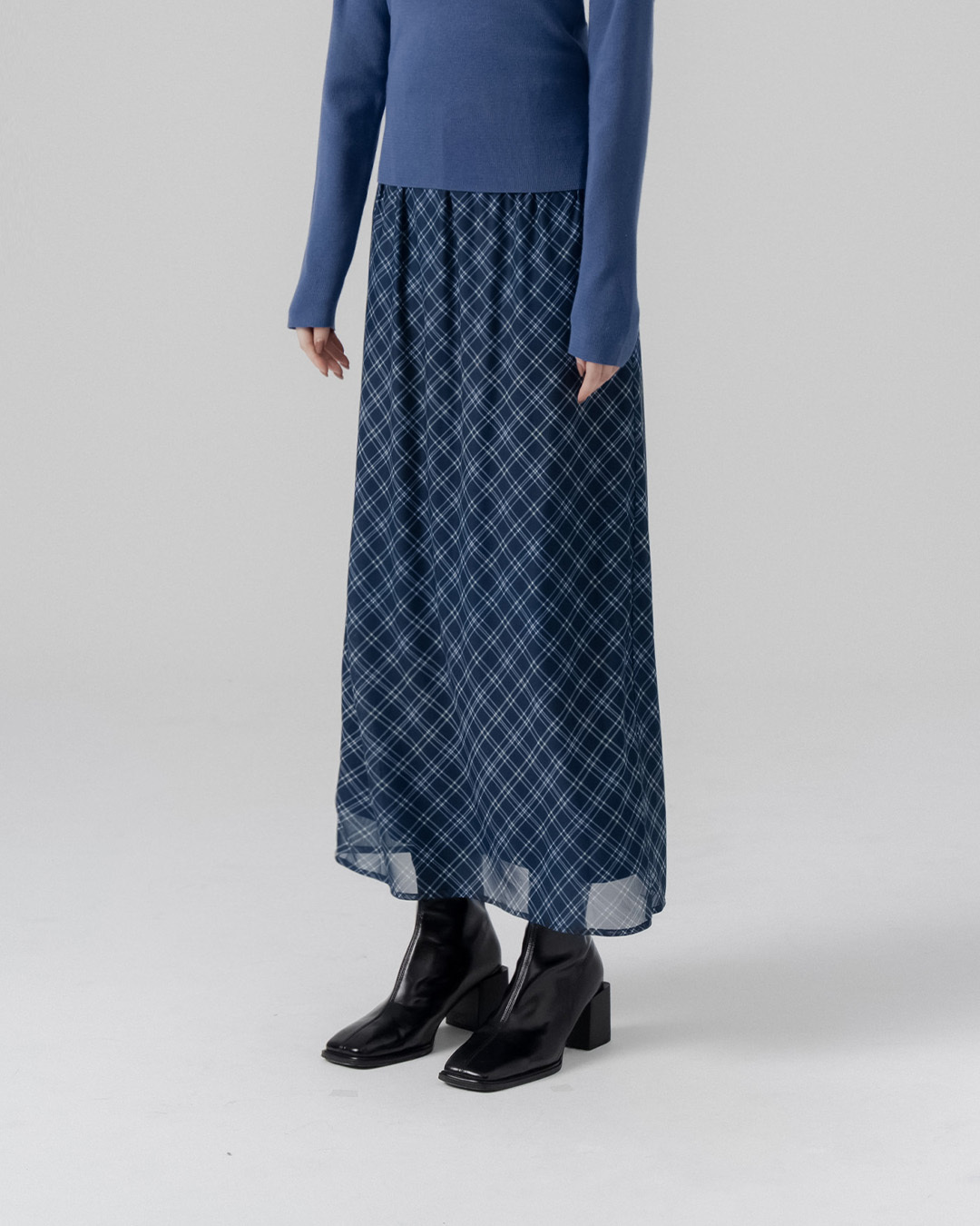 Checkered sheer double-layered stretch maxi skirt - blue S/M【03021730】in stock+pre-order