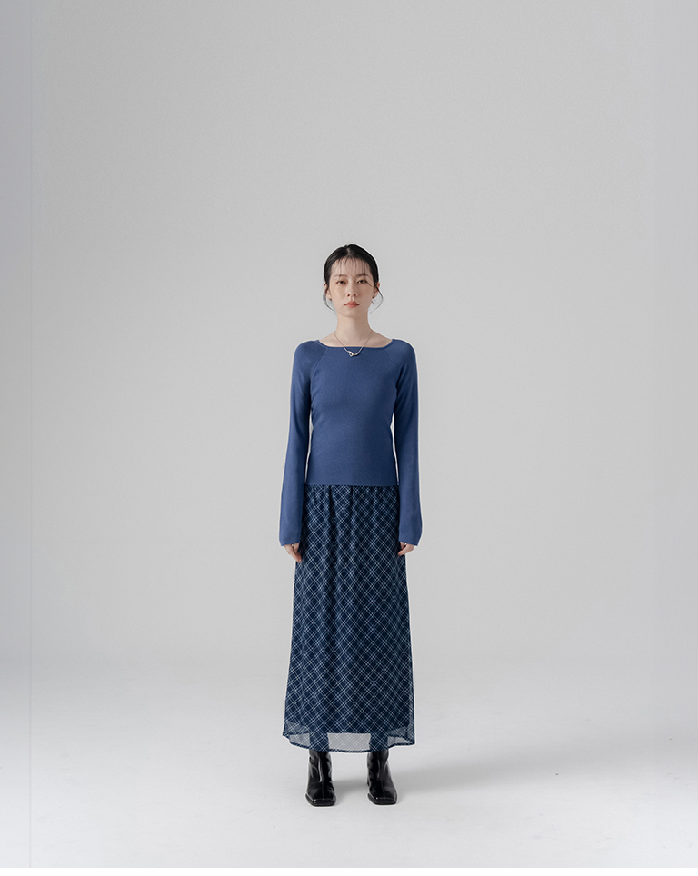 Checkered sheer double-layered stretch maxi skirt - blue S/M【03021730】in stock+pre-order