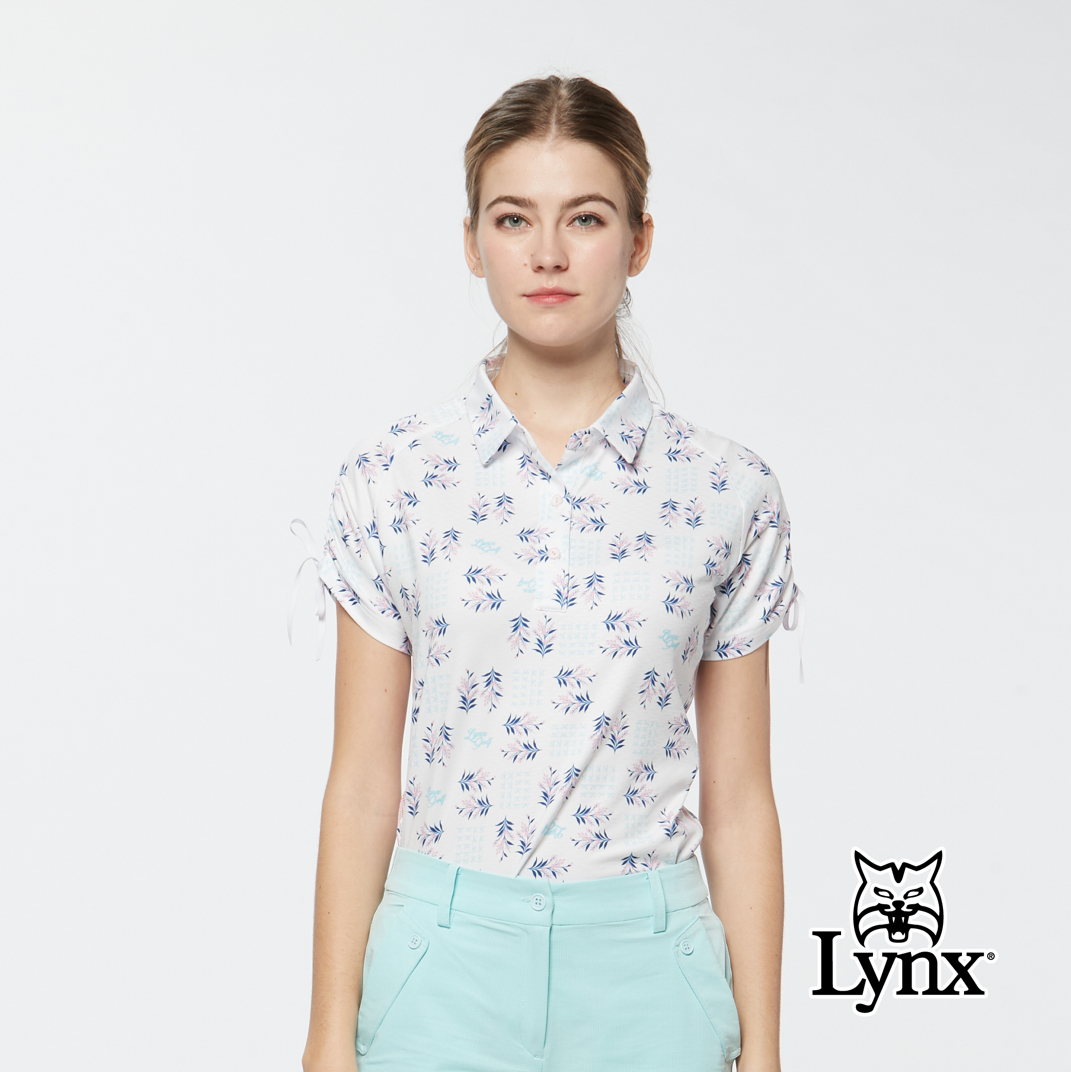 女款吸濕排汗水波紋數位印花合身版半開襟短袖POLO衫