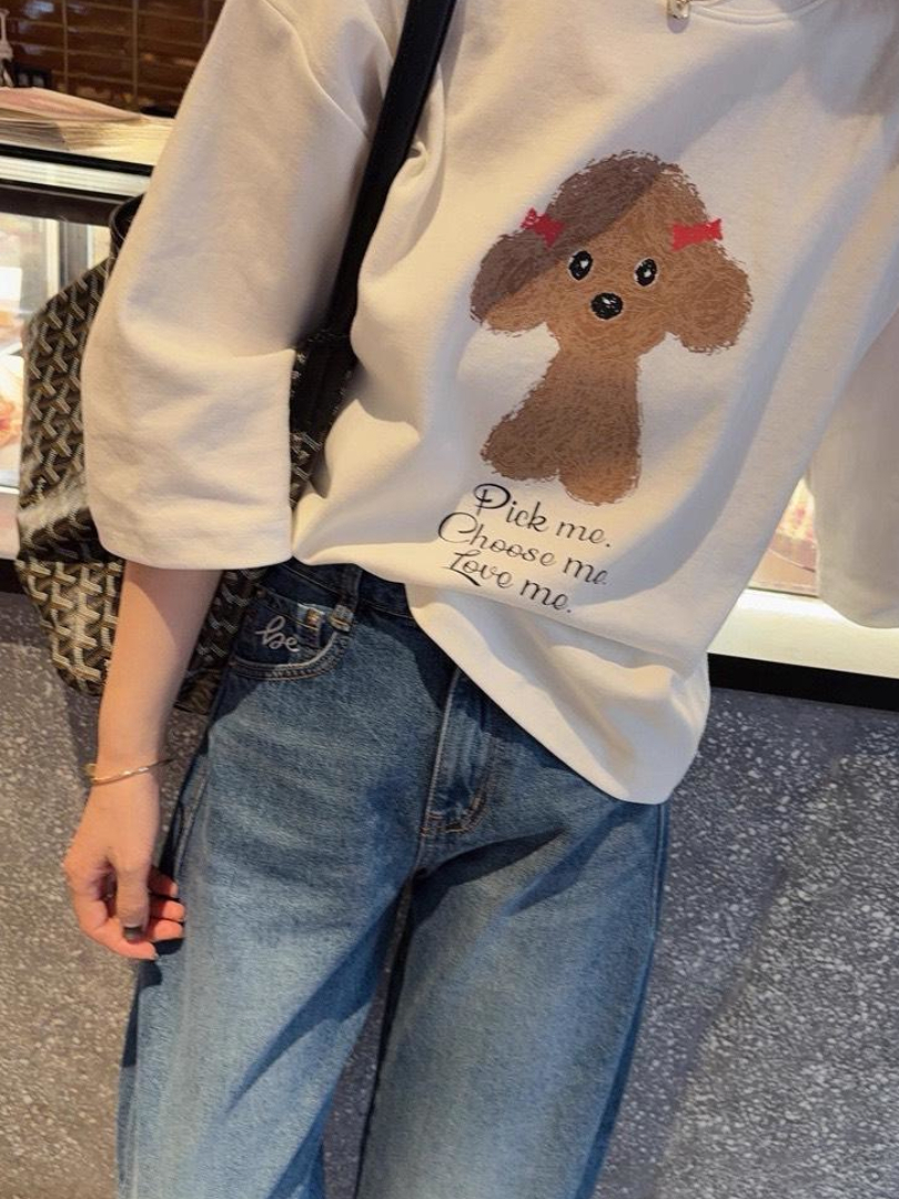 療癒小狗七分袖棉T｜療癒系休閒百搭上衣