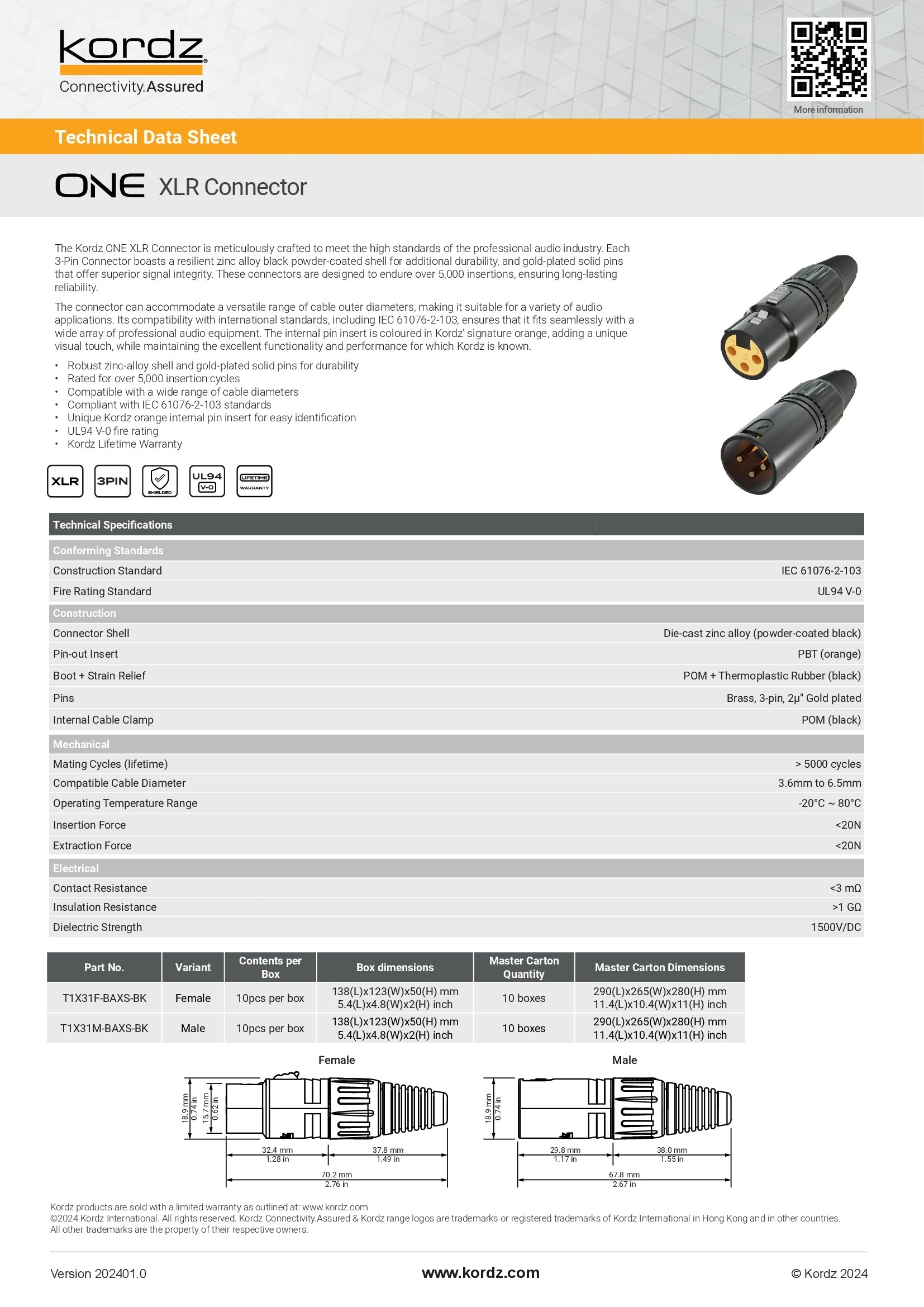 Kordz ONE XLR Connectors Data Sheet