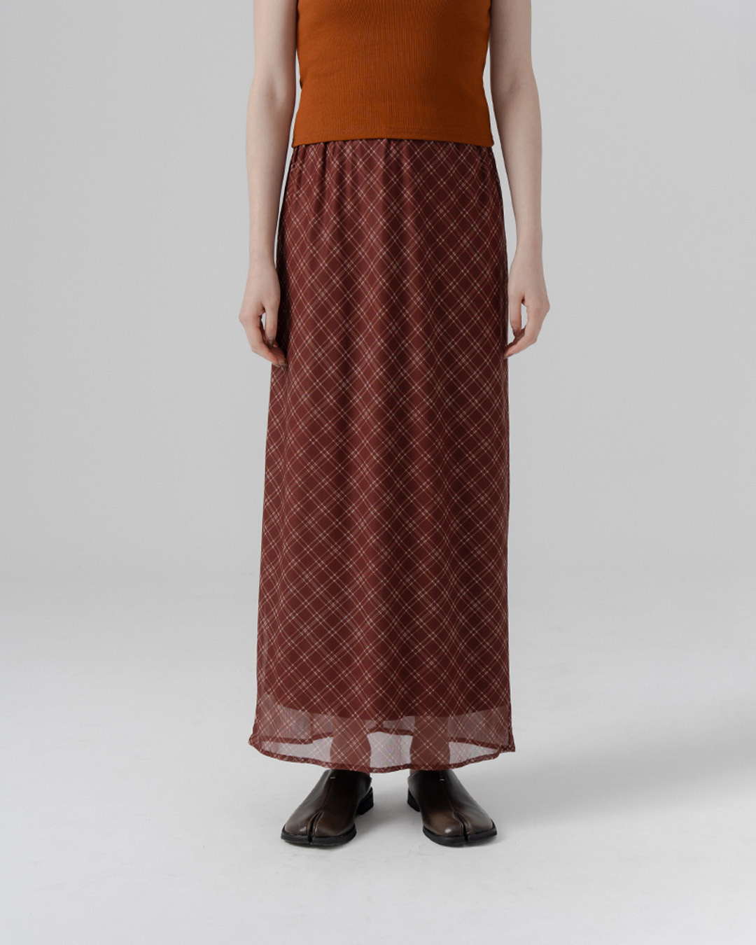Checkered sheer double-layered stretch maxi skirt - coffee S/M【03021731】in stock+pre-order