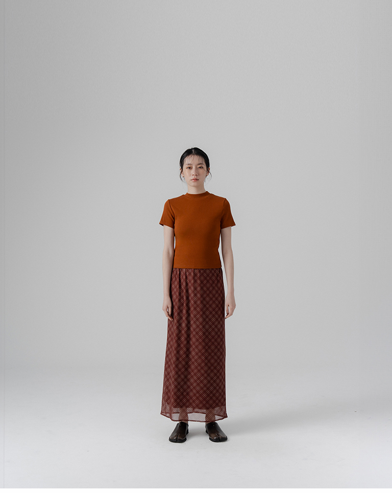 Checkered sheer double-layered stretch maxi skirt - coffee S/M【03021731】in stock+pre-order