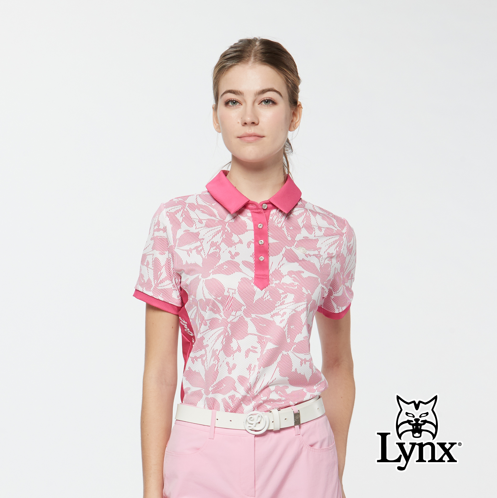 女款吸濕排汗水波紋花卉印花後領造型合身版短袖POLO衫