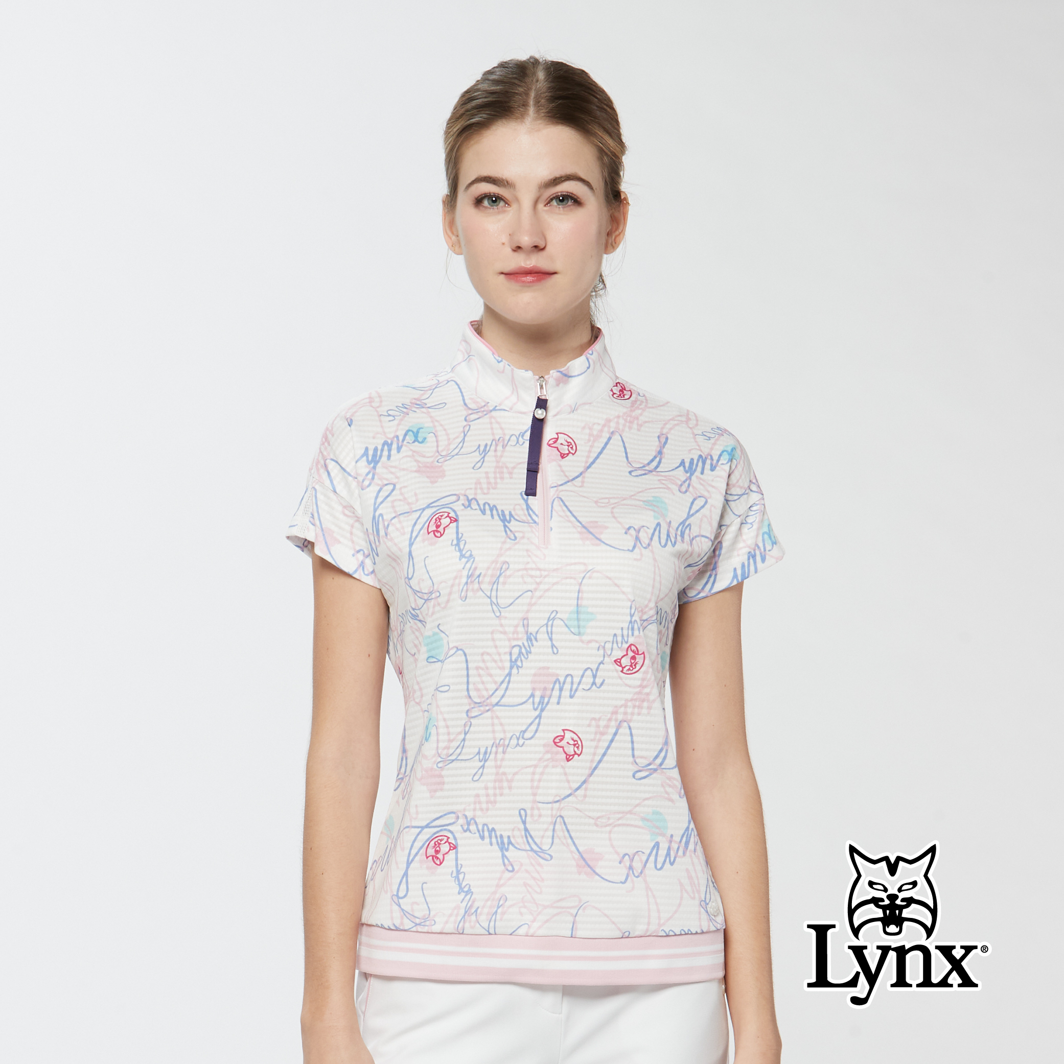 女款吸濕排汗凸格子可愛貓印花半開襟短袖POLO衫