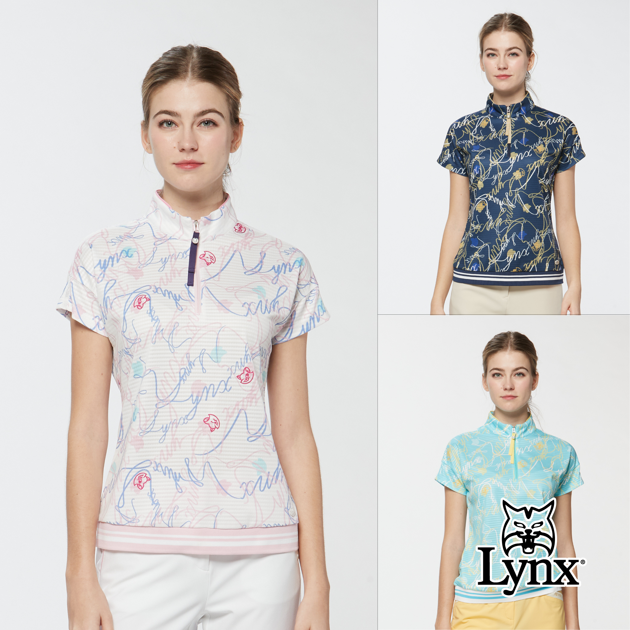 女款吸濕排汗凸格子可愛貓印花半開襟短袖POLO衫