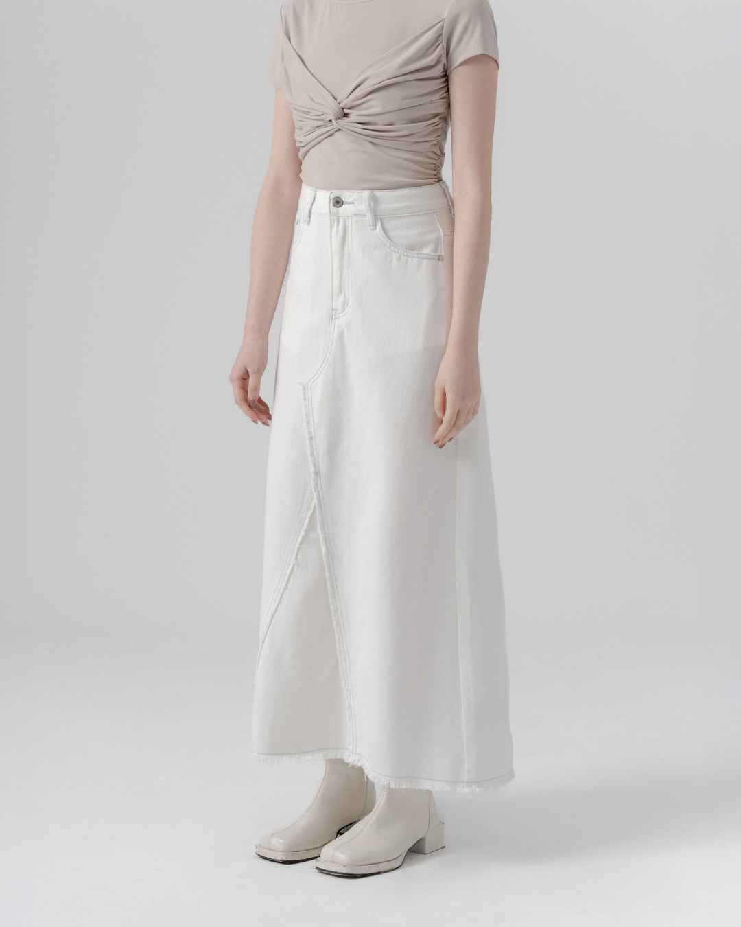 Color-blocked, quilted, fringed, twill maxi skirt - white S/M/L【03021753】in stock+pre-order