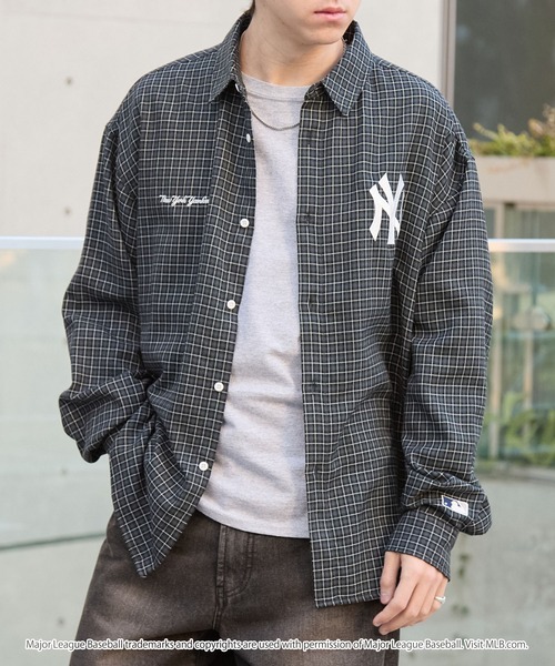 日本🇯🇵連線 MONO-MART x MLB 大LOGO隊徽刺繡長袖格紋襯衫 隊徽 刺繡 長袖 寬鬆 落肩 襯衫 外搭 6款(任買兩件711免運)/預購