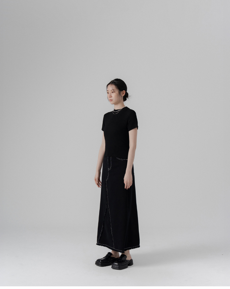 Color-blocked, quilted, fringed, twill maxi skirt - black S/M/L【03021754】in stock+pre-order