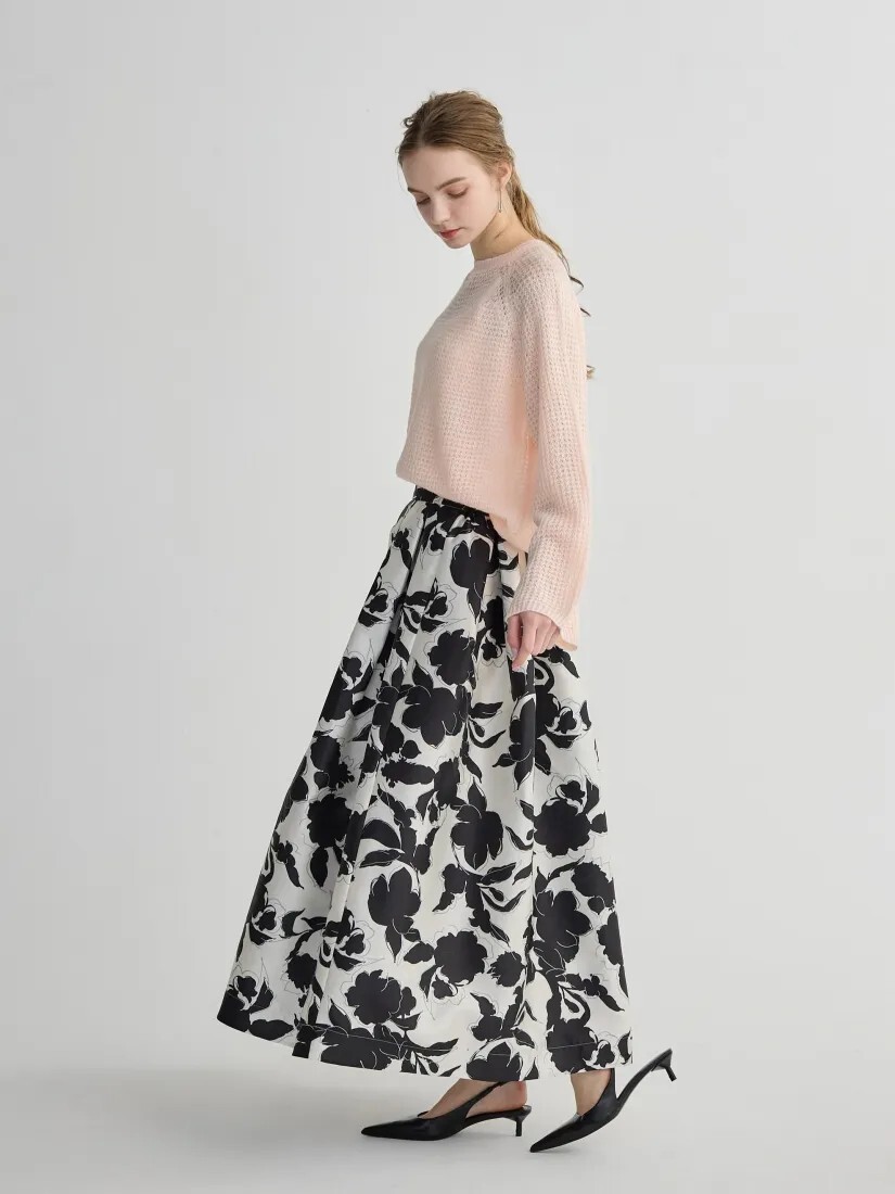 後腰鬆緊配色花卉圖騰澎澎傘擺長裙-S-M / 2色 (Elegant & Love)