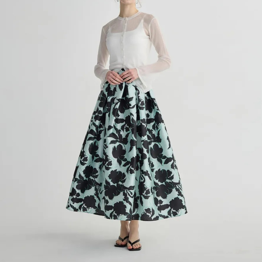 後腰鬆緊配色花卉圖騰澎澎傘擺長裙-S-M / 2色 (Elegant & Love)