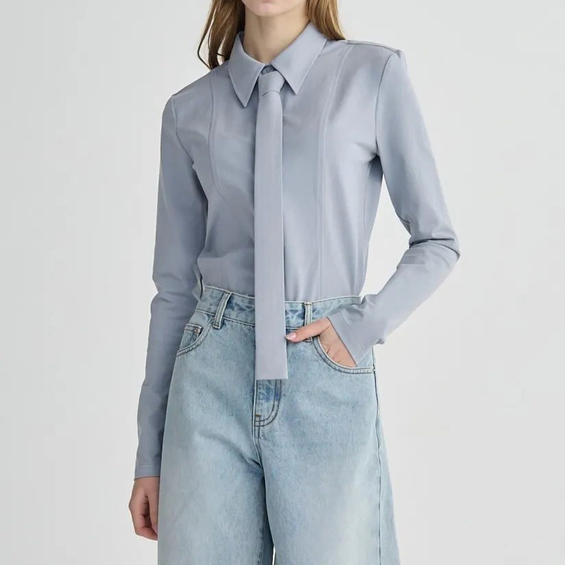 同色系領帶造型壓紋感翻領上衣 / 3色 (Elegant & Love)