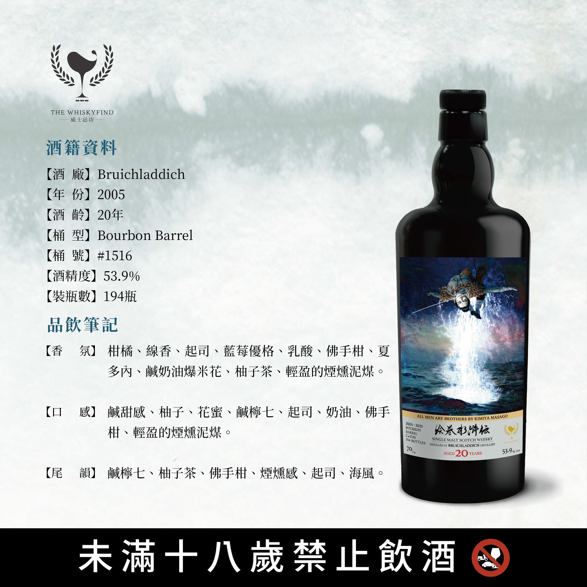 Bruichladdich 2005/2025 20YO C#1516 53.9% The Whiskyfind《水滸傳 - 天損星-浪裡白跳 張順》預計3月尾到貨！