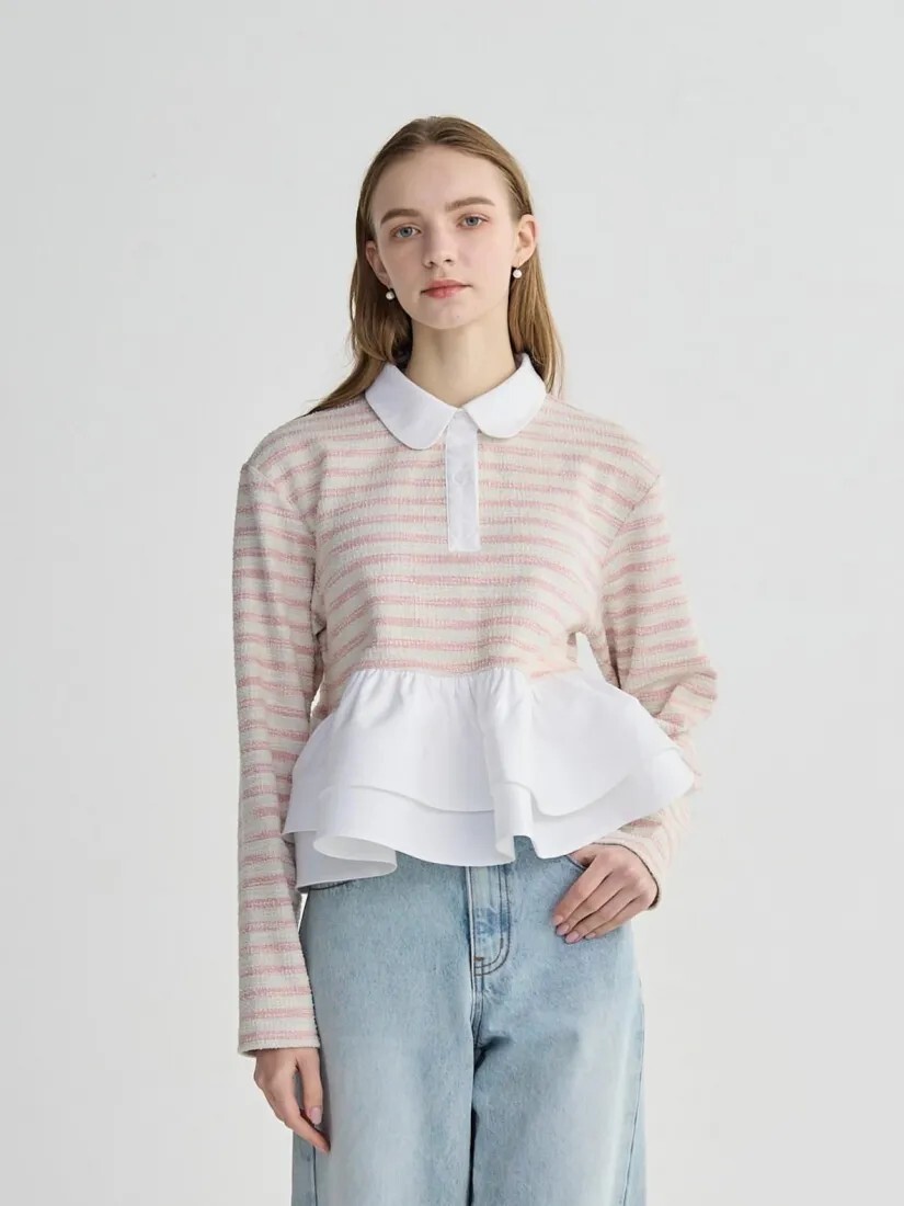 配色橫條紋拼接澎澎雲朵翻領上衣 / 3色 (Elegant & Love)