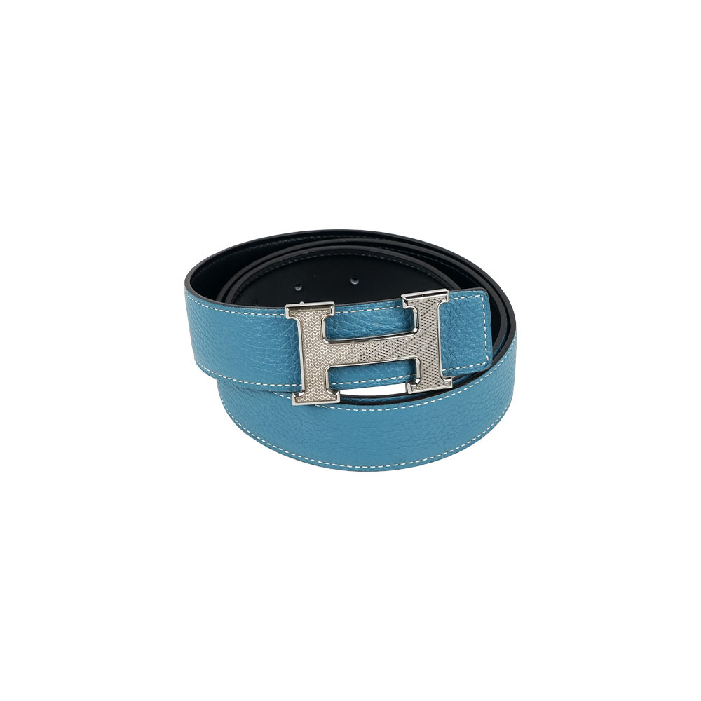 【Hermès】H Guillochee 銀釦+ 32MM雙面用皮帶(黑色/藍色)