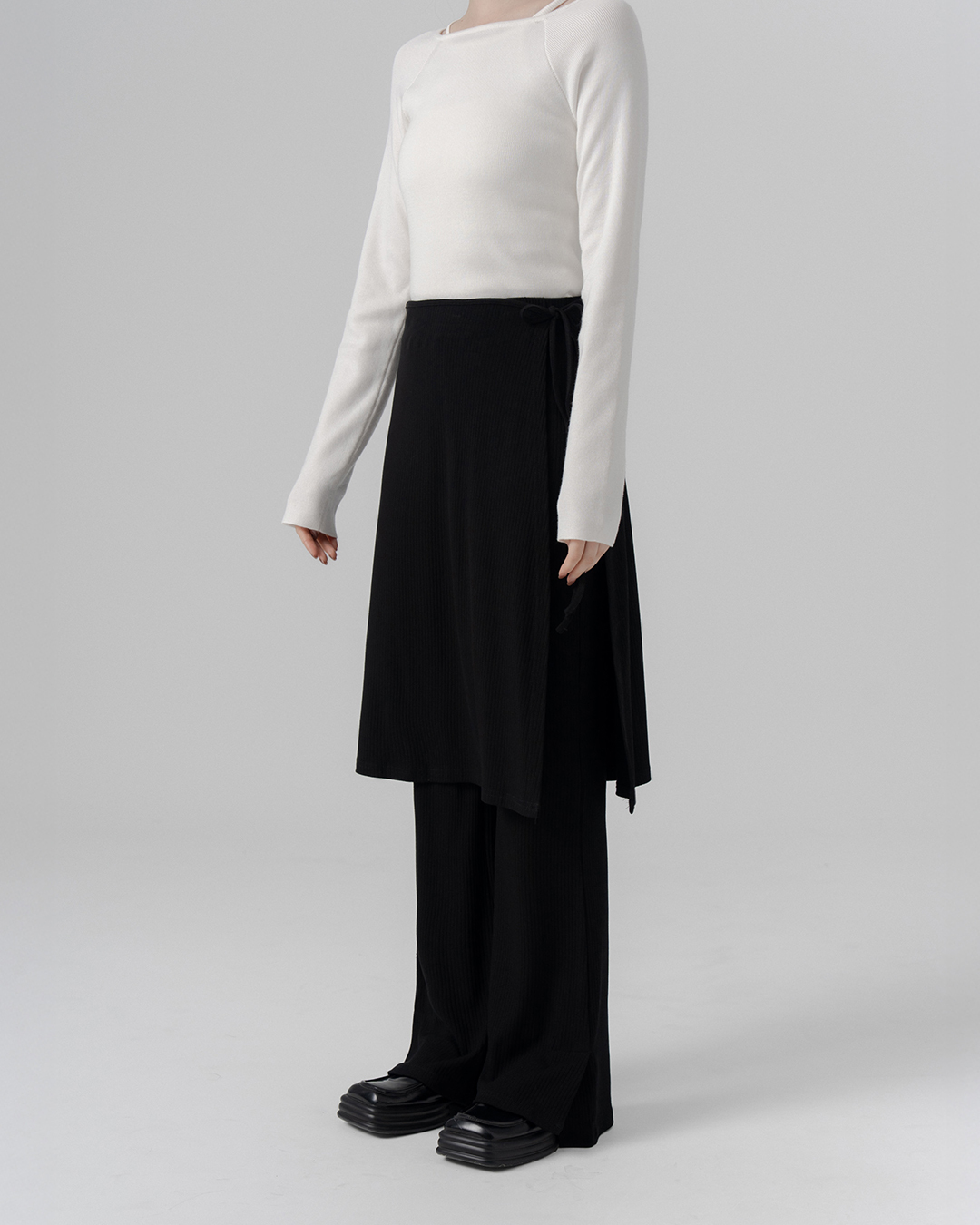 Textured Ribbed Two-Piece Elastic Skirt Trousers - Black S/M【04070070】in stock+pre-order