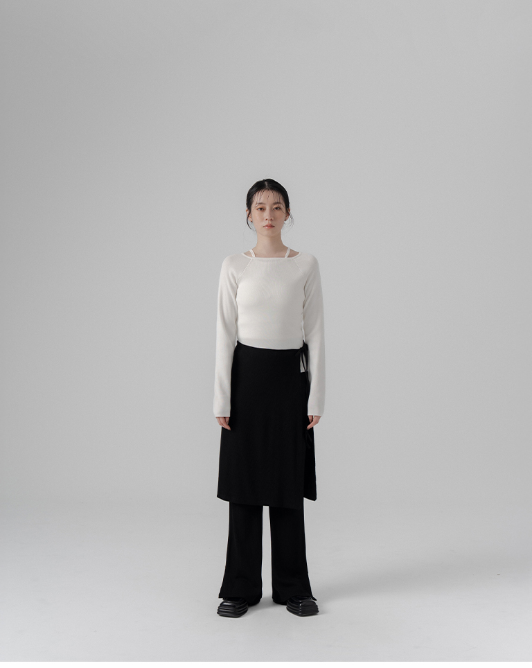 Textured Ribbed Two-Piece Elastic Skirt Trousers - Black S/M【04070070】in stock+pre-order