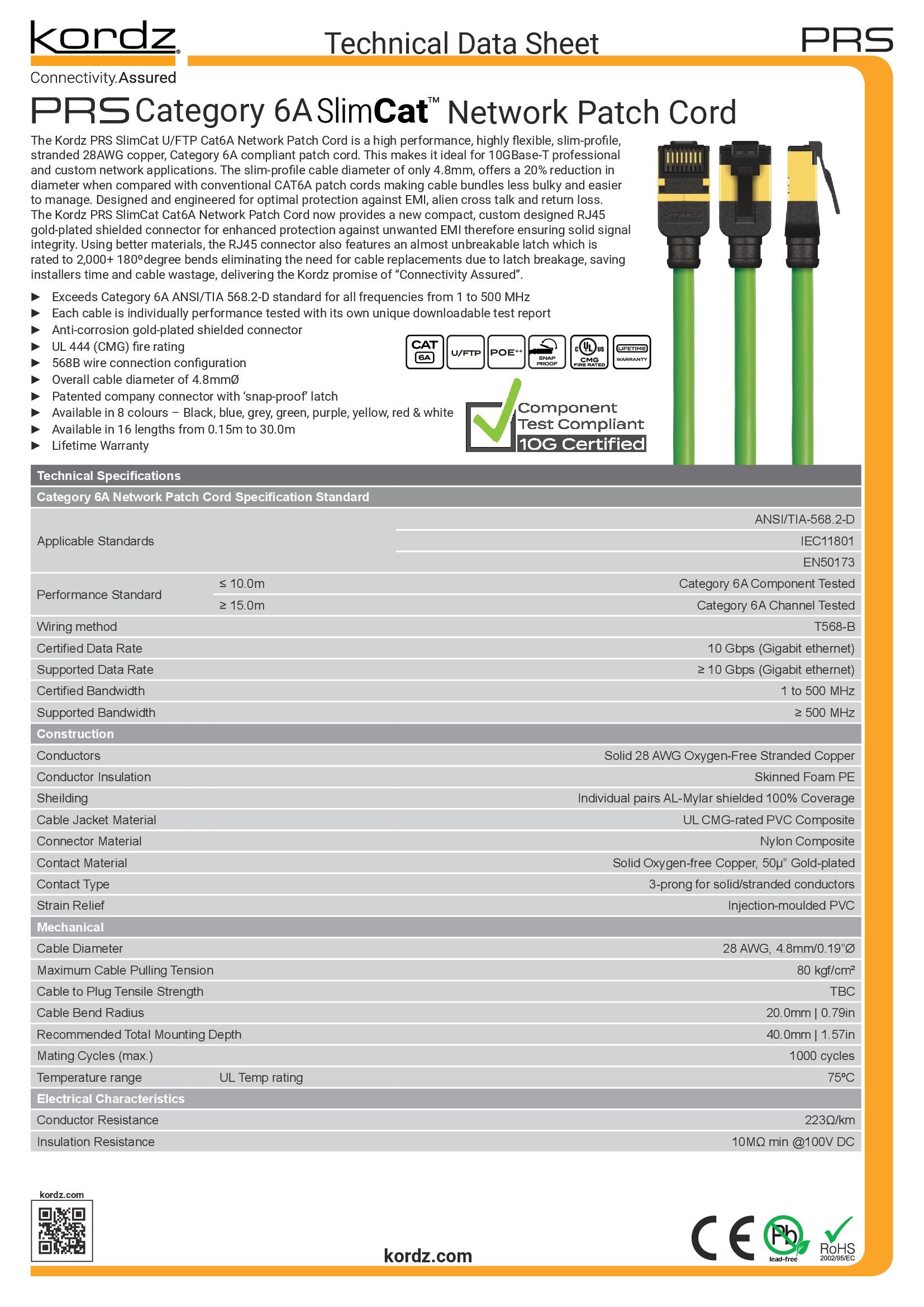 Kordz PRS SlimCat Cat6A Patch Cord Data Sheet 1