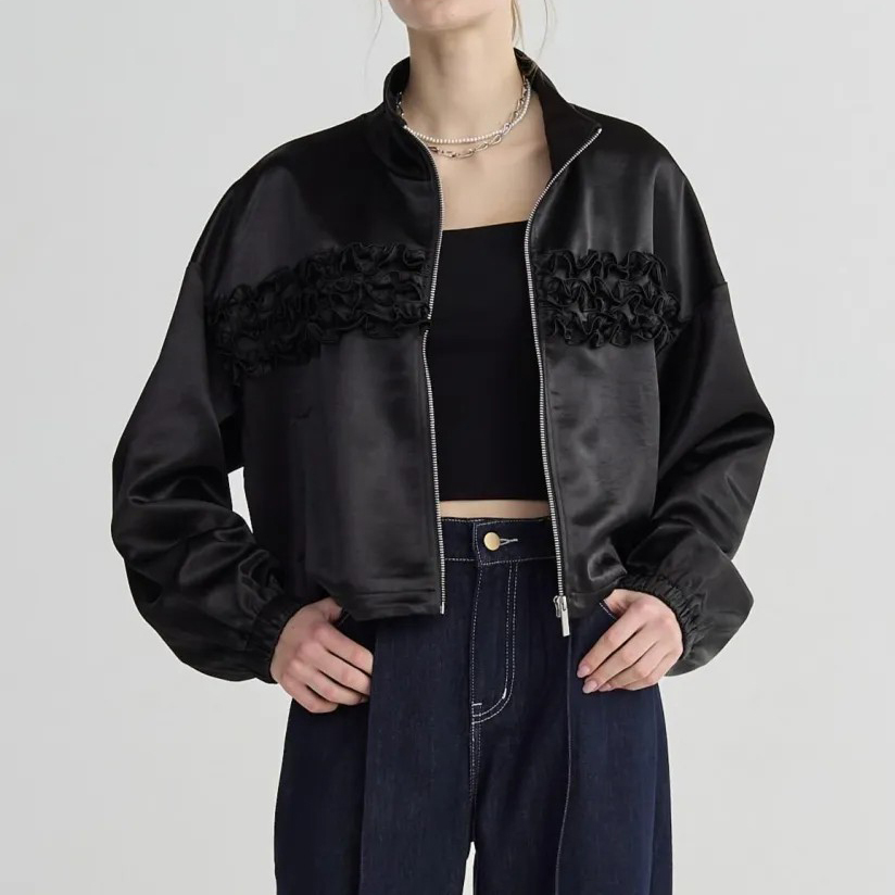 光澤感立體滾邊抓褶感翻領拉鍊外套 / 2色 (Elegant & Love)