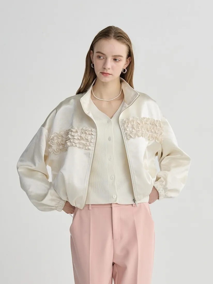 光澤感立體滾邊抓褶感翻領拉鍊外套 / 2色 (Elegant & Love)