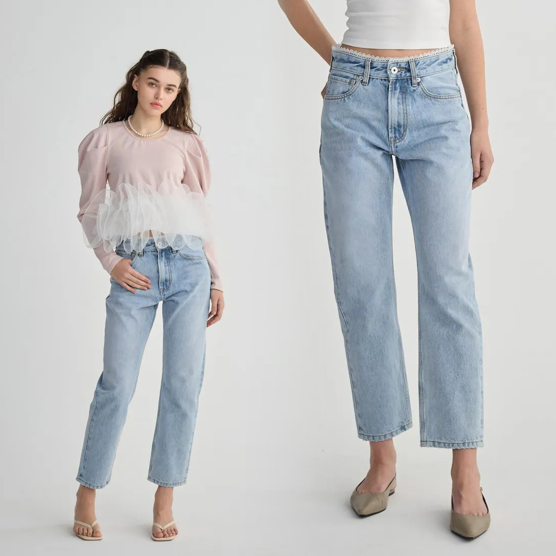 腰頭蕾絲滾邊淺藍九分直筒牛仔褲-S-L (Elegant & Love)